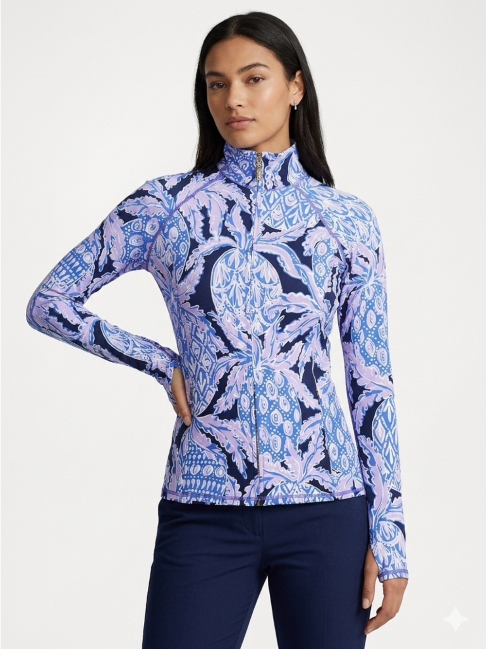 Lilly Pulitzer Luxletic Serena Jacket Full Zip Pineapple Print Navy Purple XS